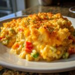 A creamy, cheesy vegetable casserole featuring rice, peas, and red peppers, topped with a golden brown, crispy breadcrumb crust.
