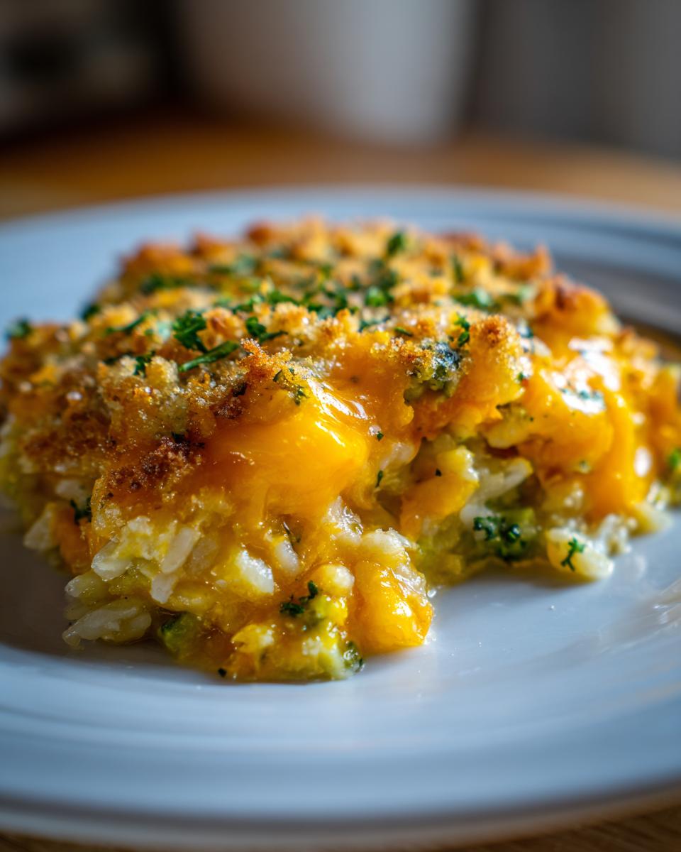 Close-up of a serving of creamy vegetable casserole with melted cheddar cheese, rice, and broccoli.