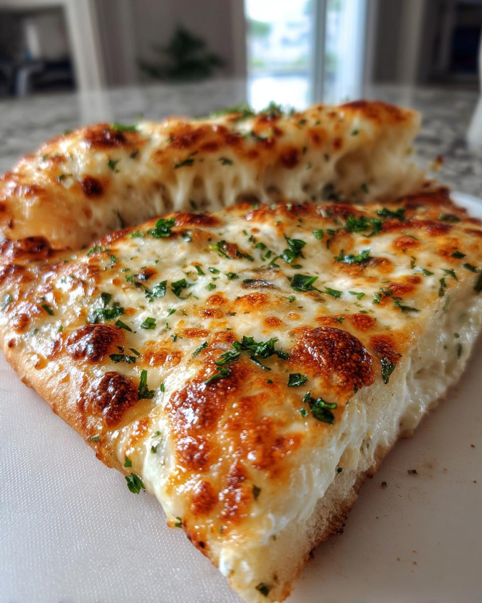 A close-up shot of a thick slice of white pizza, featuring bubbly, browned cheese and fresh parsley garnish.