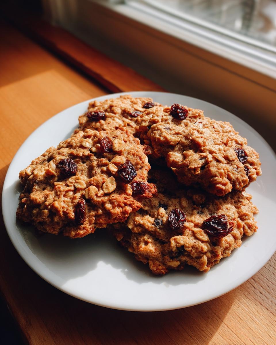 A stack of four chewy oatmeal raisin cookies resting on a white plate near a sunlit window.