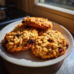 A stack of four golden brown, chewy oatmeal raisin cookies resting on a white plate near a sunny window.