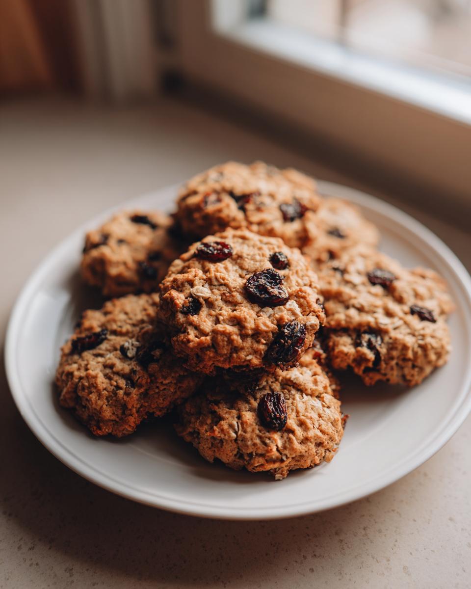 A stack of freshly baked, chewy oatmeal raisin cookies piled high on a white plate near a window.