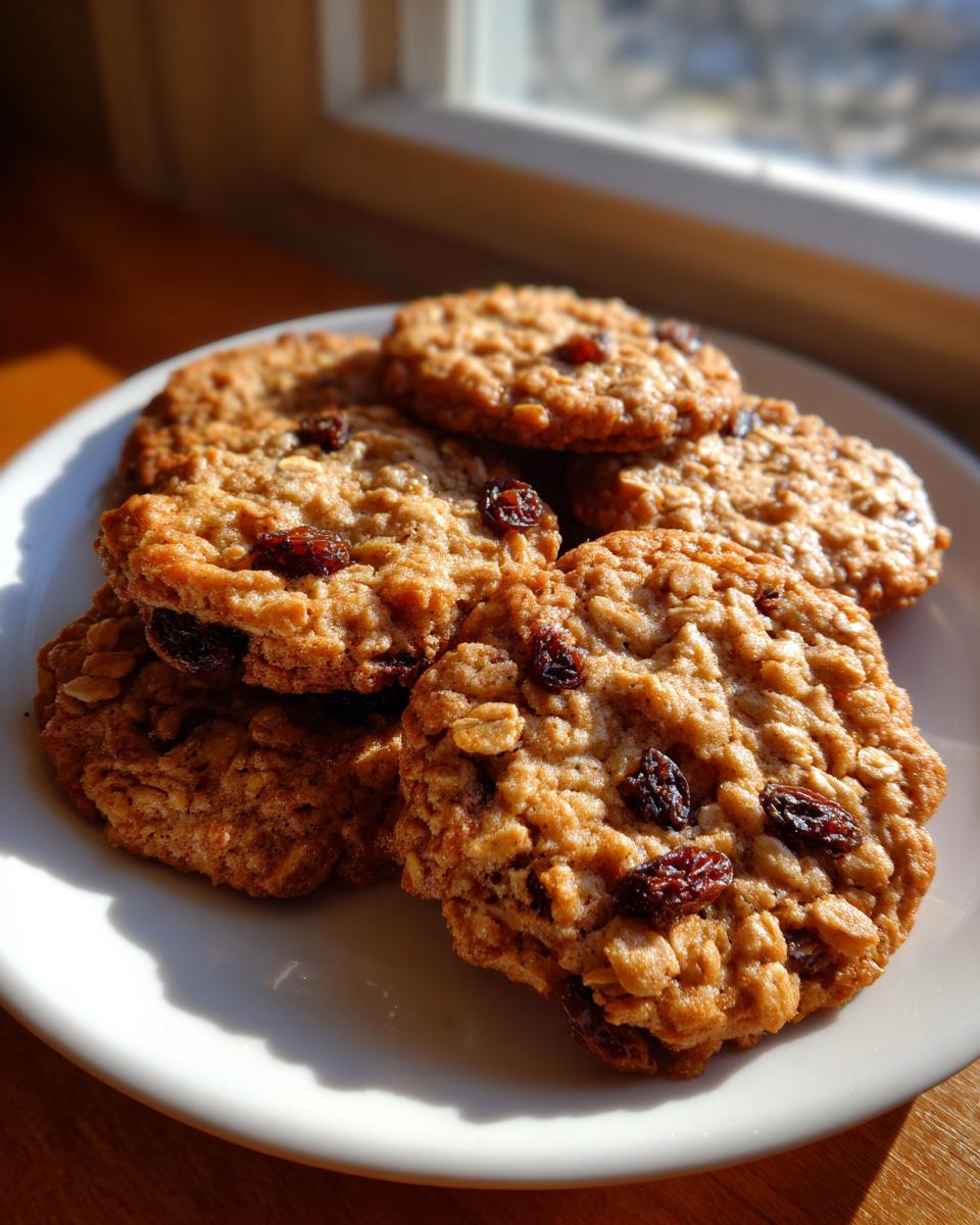 A stack of freshly baked, chewy oatmeal raisin cookies piled on a white plate near a sunlit window.