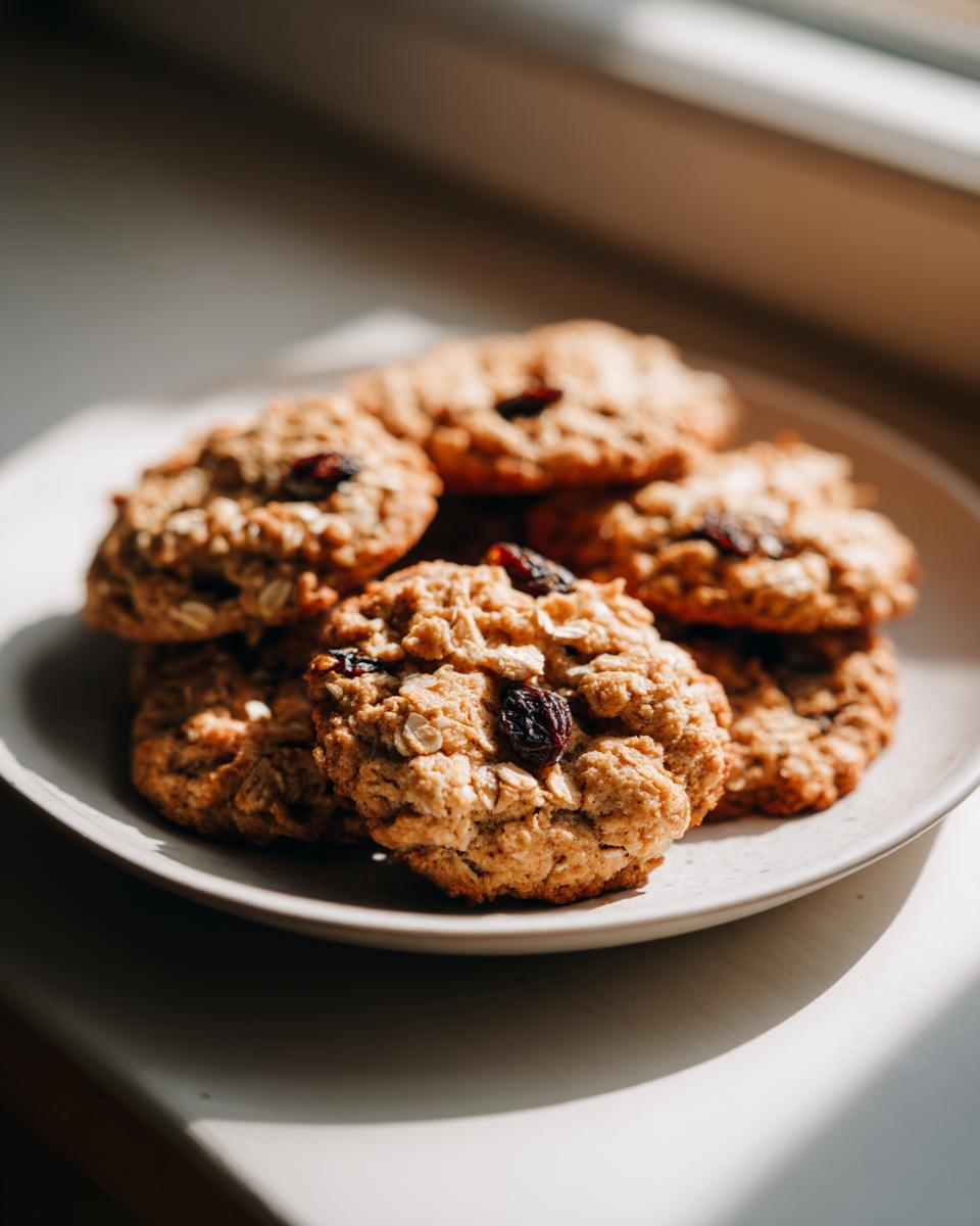 A stack of freshly baked, chewy oatmeal raisin cookies piled on a light plate, highlighted by natural sunlight.