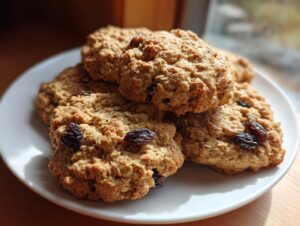 A stack of freshly baked, chewy oatmeal raisin cookies resting on a small white plate near a window.