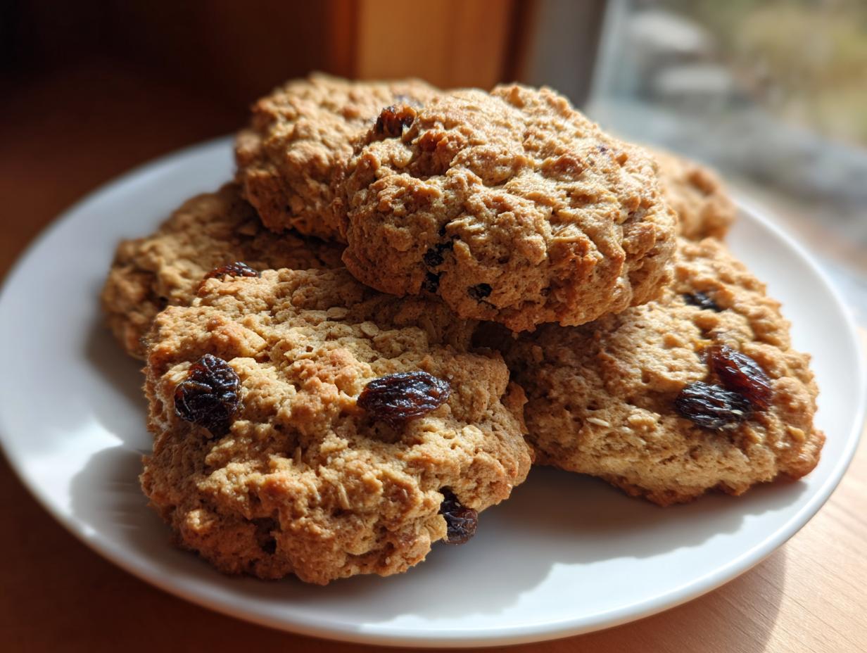 A stack of freshly baked, chewy oatmeal raisin cookies resting on a small white plate near a window.