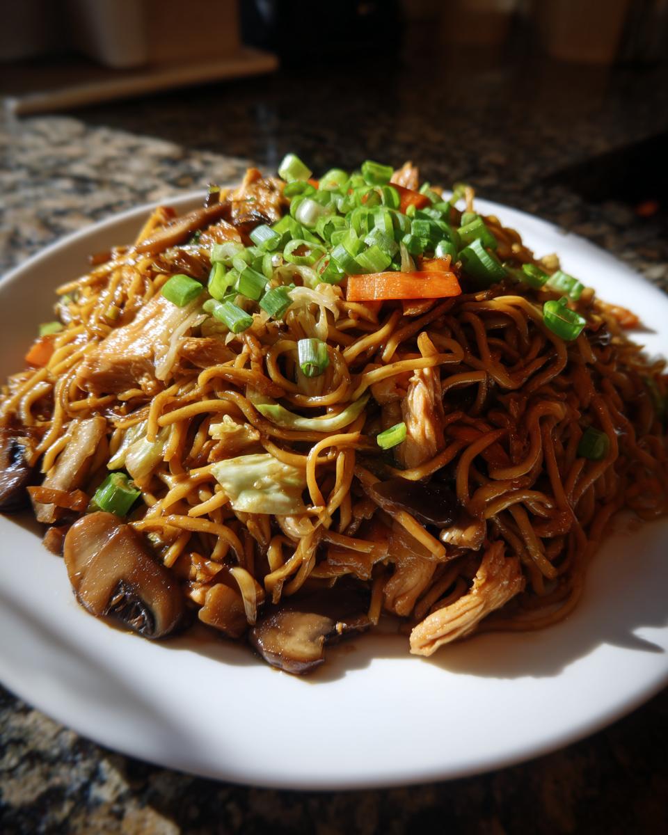 A generous serving of homemade chicken chow mein recipe, topped with fresh green onions, on a white plate.