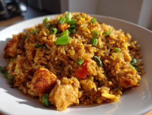 A close-up of a generous serving of golden brown chicken fried rice, topped with fresh green onions.