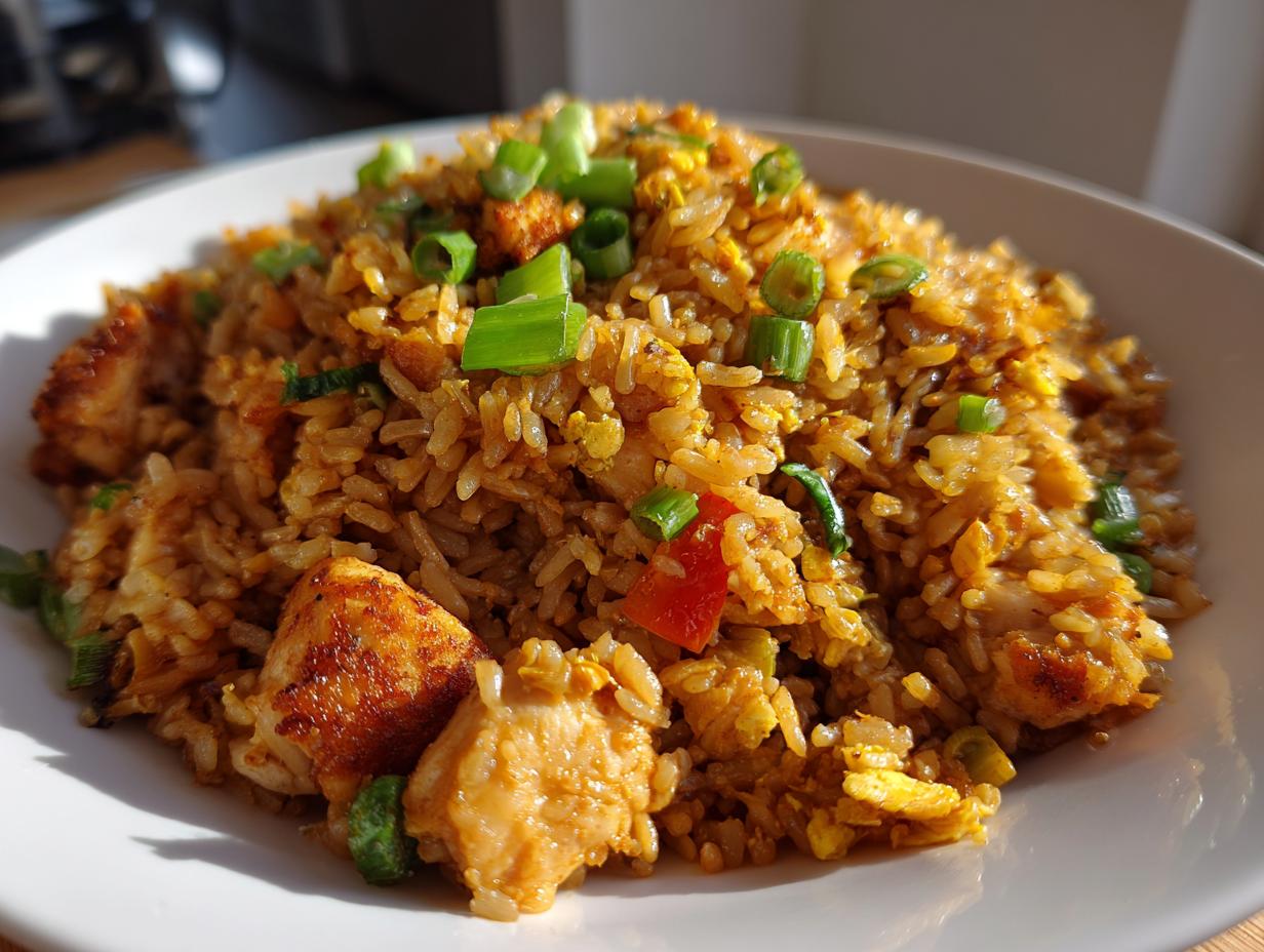 A close-up of a generous serving of golden brown chicken fried rice, topped with fresh green onions.