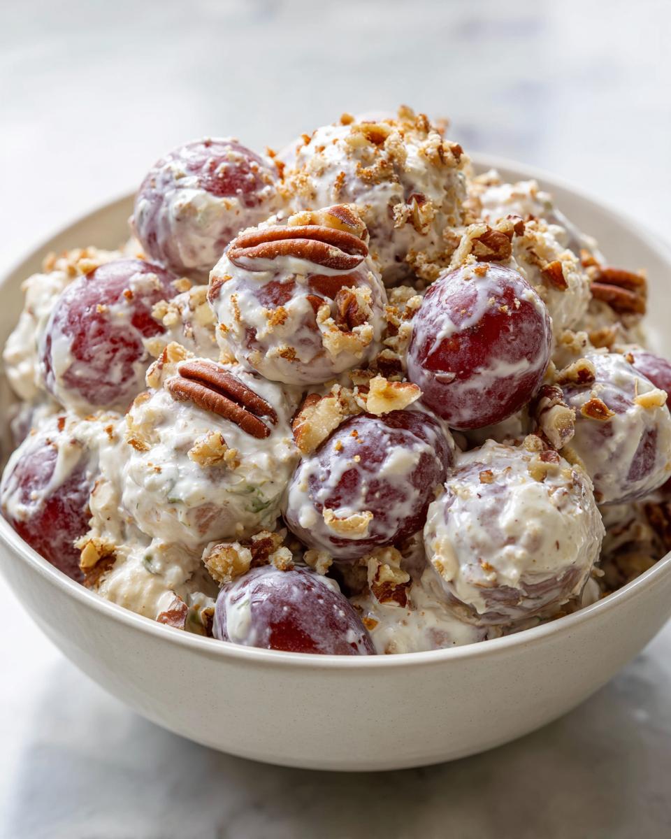 A bowl filled with creamy Chicken Salad Chick Grape Salad, featuring red grapes coated in dressing and topped with chopped pecans.