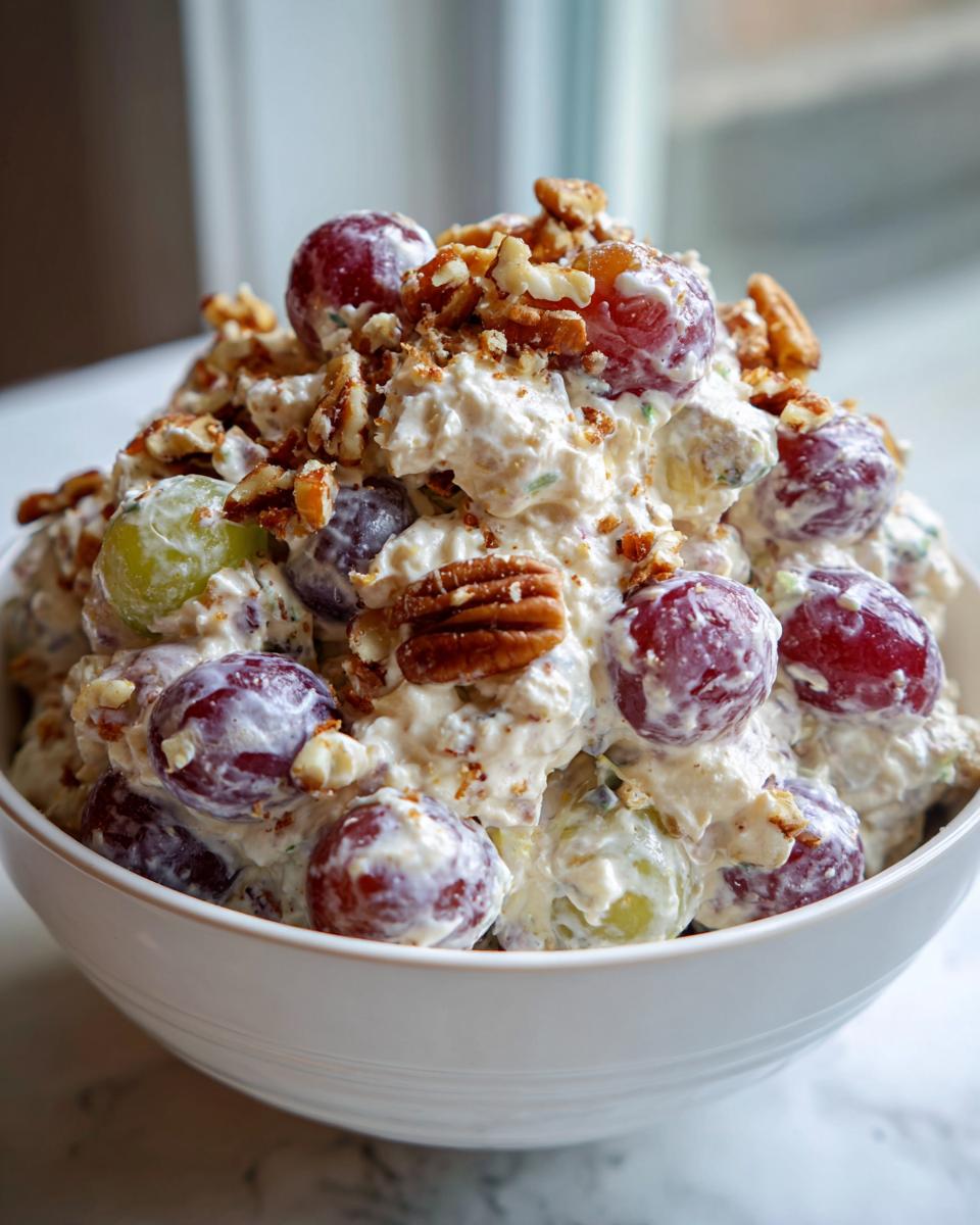 A white bowl filled with creamy Chicken Salad Chick Grape Salad, featuring red and green grapes and topped with chopped pecans.