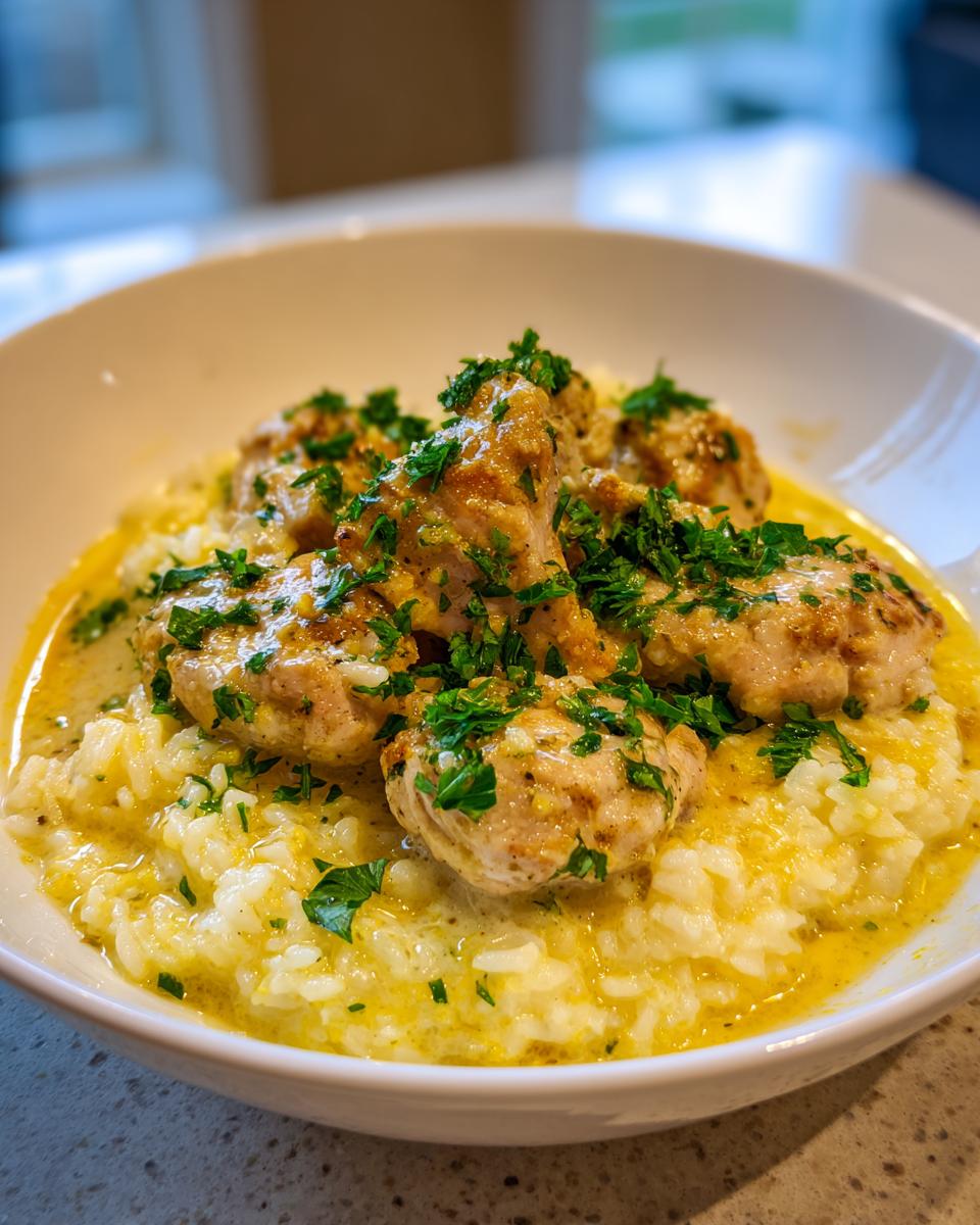 Close-up of chicken scampi pieces served over creamy garlic parmesan rice, topped with fresh parsley.