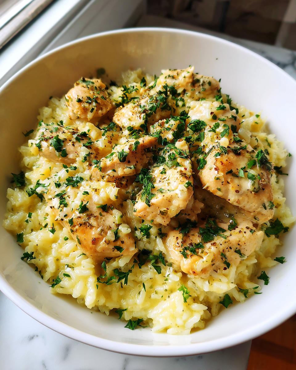 A white bowl filled with creamy garlic parmesan rice topped with seasoned chicken pieces and fresh parsley, representing chicken scampi with garlic parmesan rice.