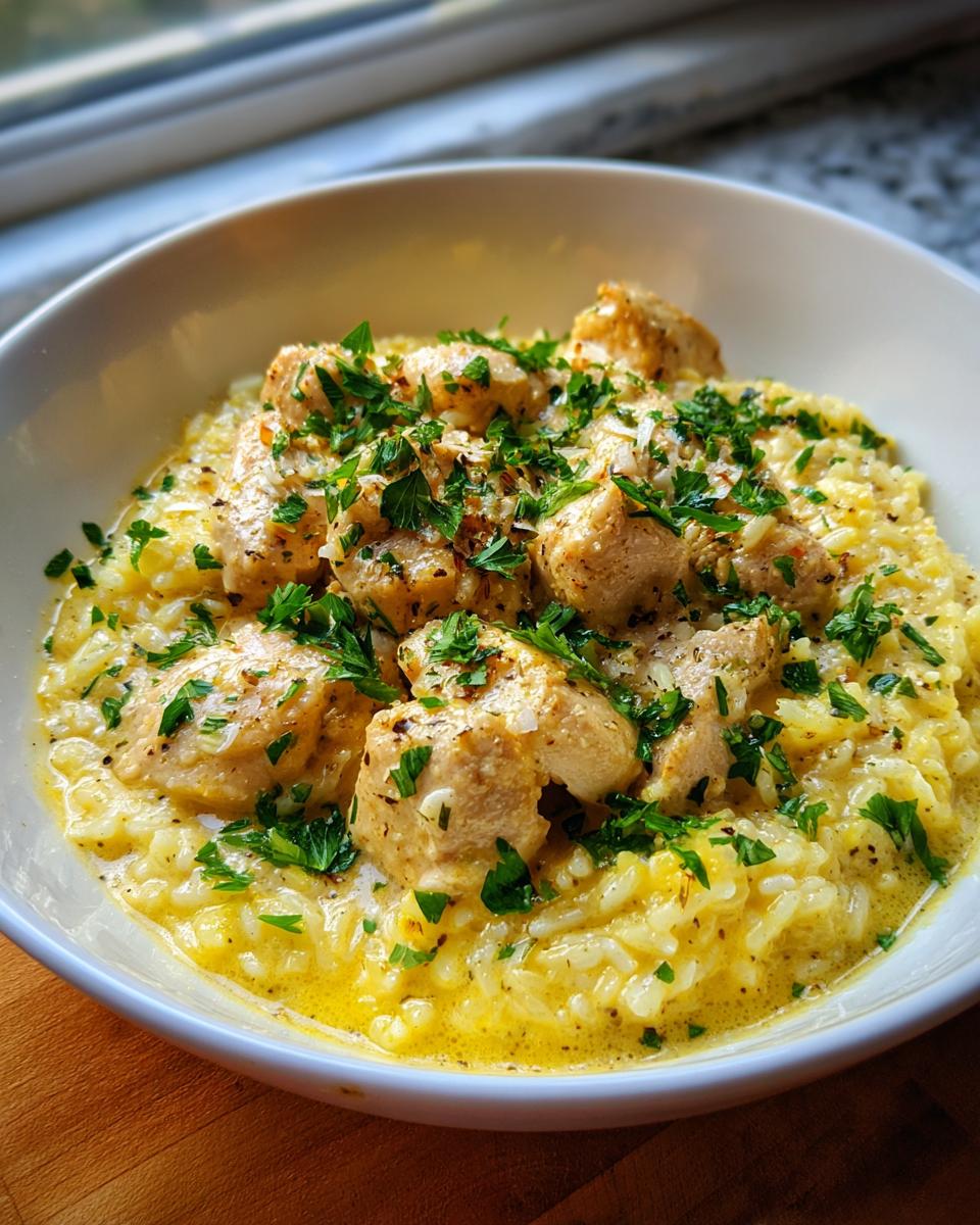 Close-up of a white bowl filled with creamy garlic parmesan rice topped with seasoned chicken pieces and fresh parsley.