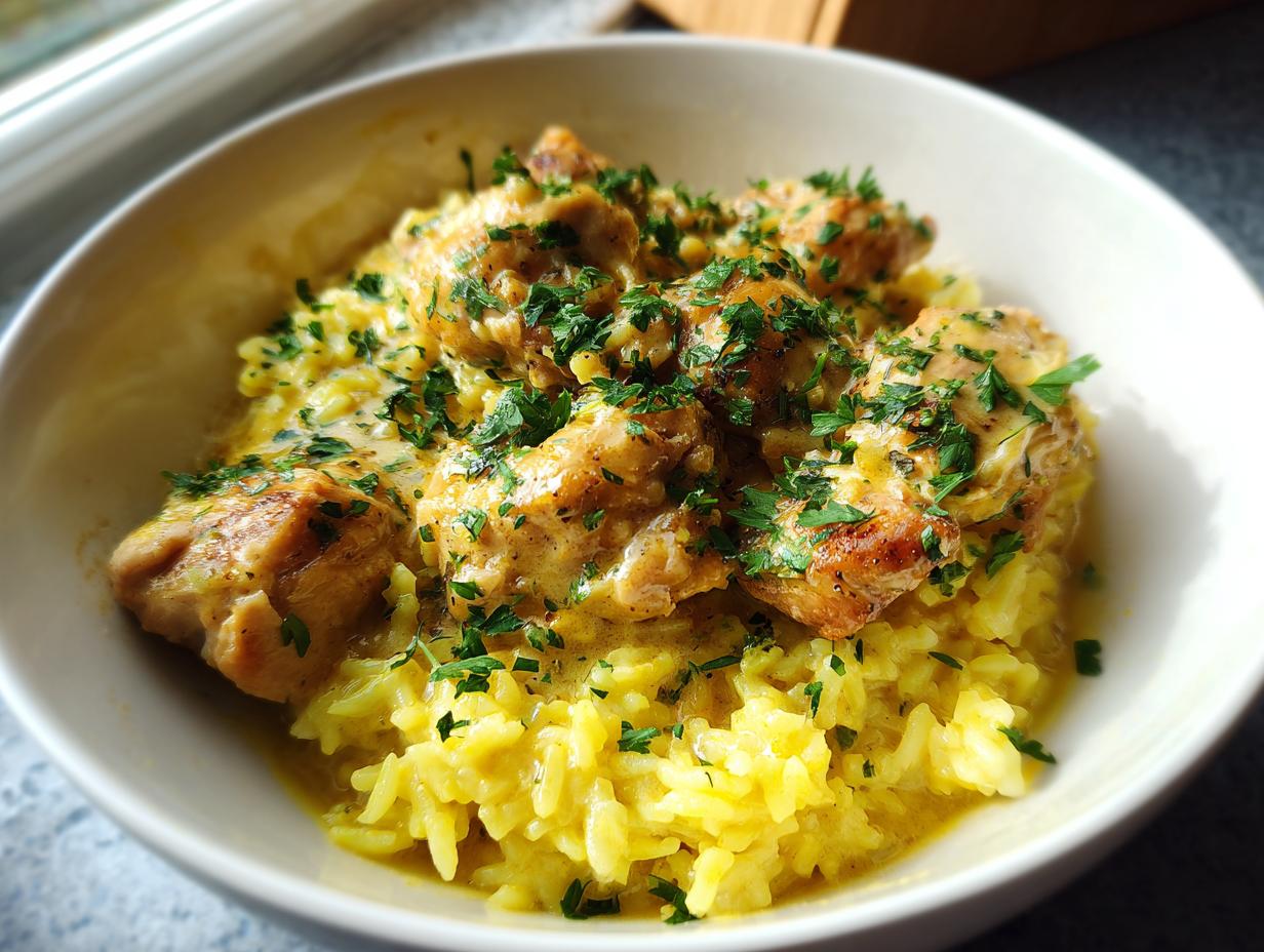 Close-up of juicy chicken scampi pieces served over bright yellow garlic parmesan rice, garnished with fresh parsley.