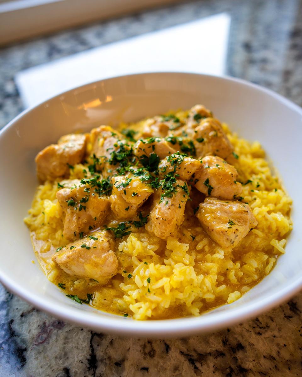 Close-up of chicken scampi pieces served over bright yellow garlic parmesan rice, garnished with parsley.