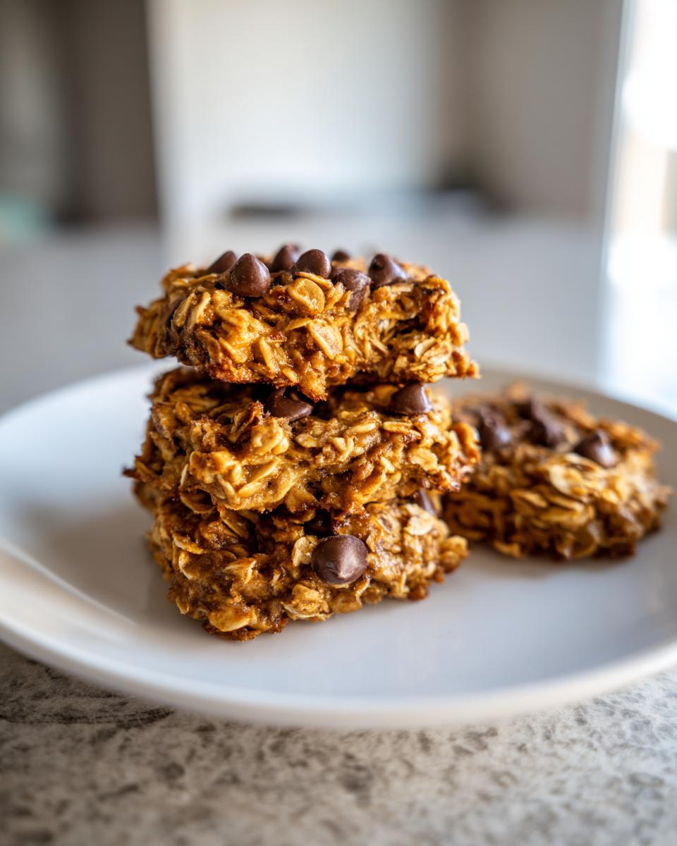A stack of three moist, oatmeal-based breakfast cookie bars topped with chocolate chips on a white plate.