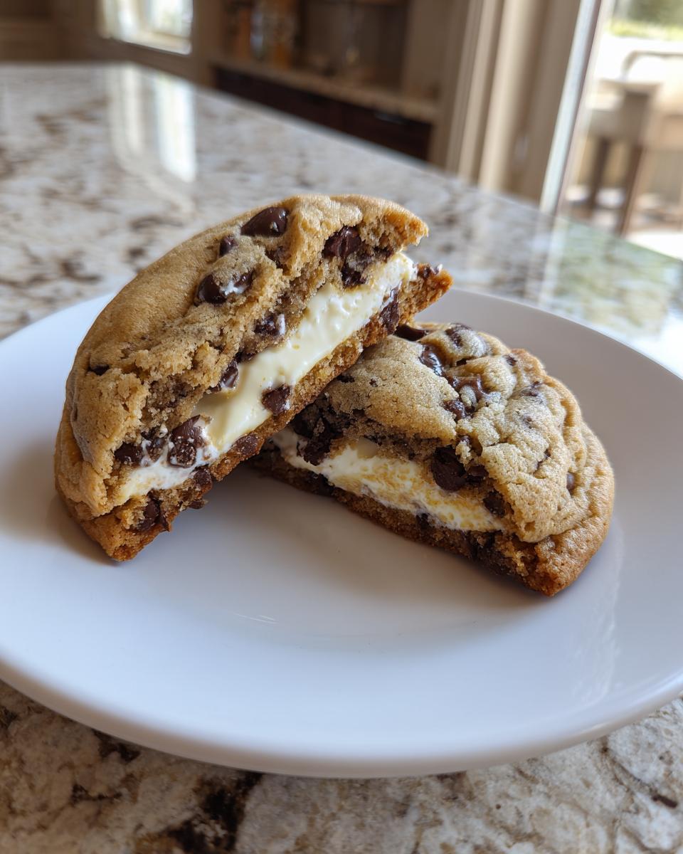 A chocolate chip cheesecake cookie cut in half showing the thick, creamy cheesecake filling sandwiched between two soft cookies.