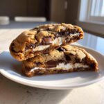 Two halves of a gooey chocolate chip cheesecake cookies stacked, showing melted chocolate and creamy filling.