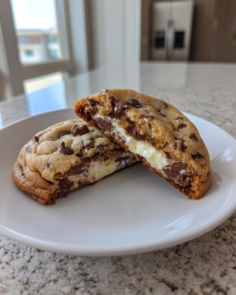 A chocolate chip cheesecake cookie cut in half showing the creamy cheesecake filling inside.