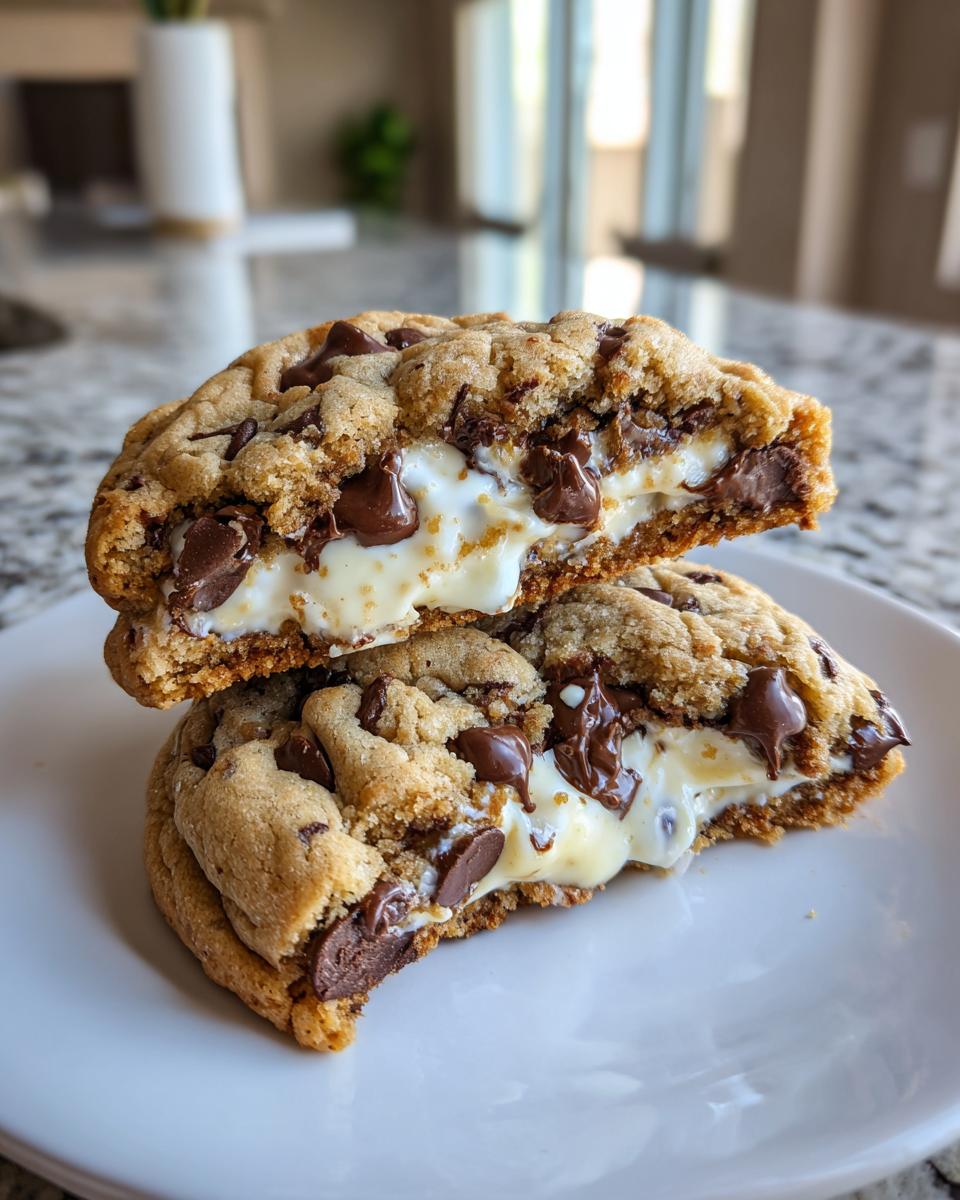 Two halves of a thick chocolate chip cheesecake cookies stacked, showing the gooey cheesecake center and melted chocolate chips.