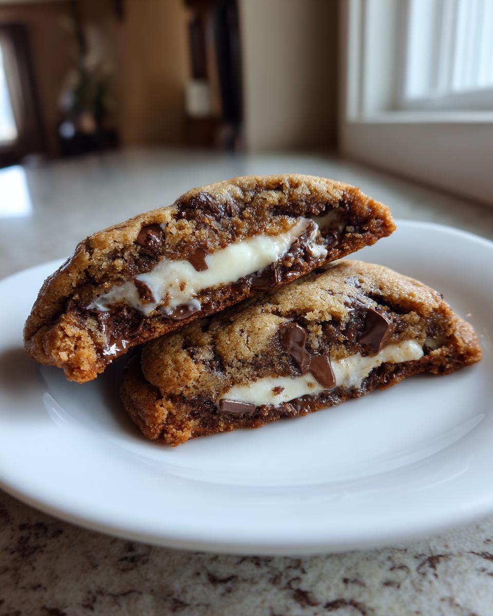 Two halves of a gooey chocolate chip cheesecake cookie showing the melted chocolate and creamy cheesecake center.