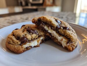 Close-up of two halves of a chocolate chip cheesecake cookies revealing a creamy, melted white filling.