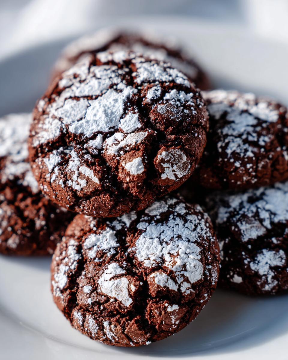 A stack of rich, dark chocolate crinkle cookies heavily dusted with white powdered sugar on a white plate.