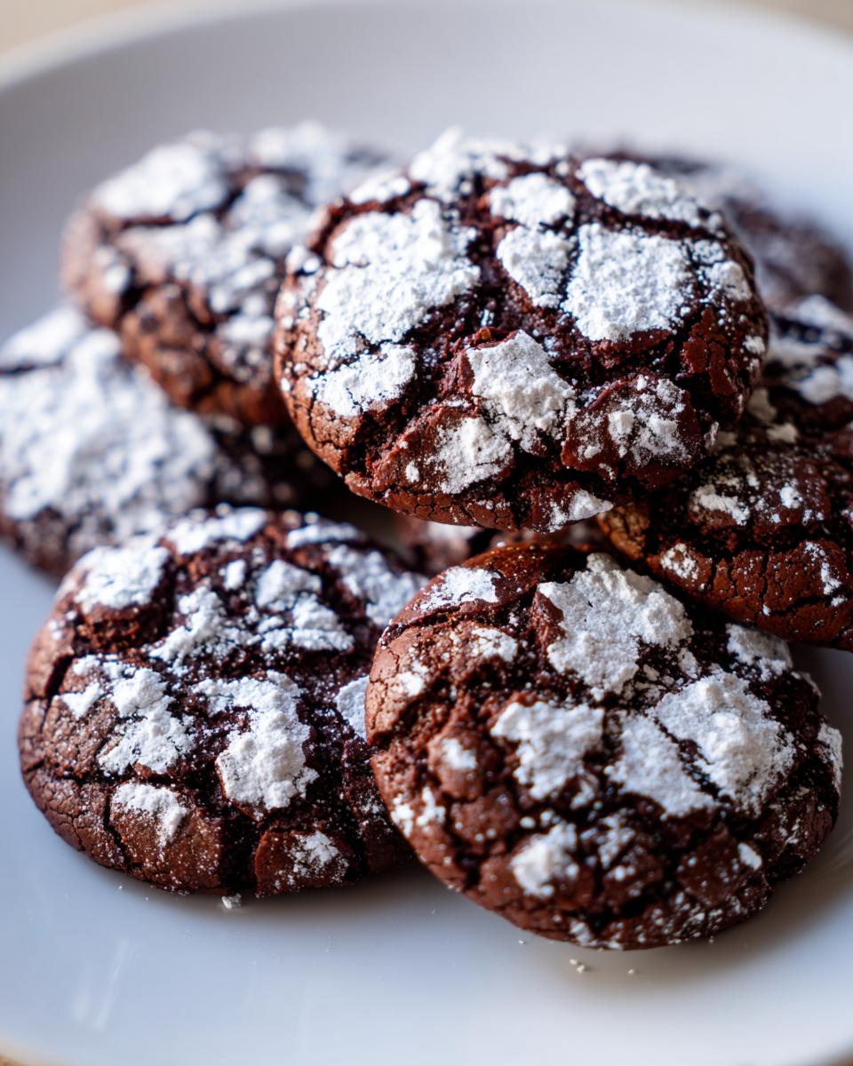 A close-up of several rich, dark chocolate crinkle cookies heavily dusted with white powdered sugar on a white plate.