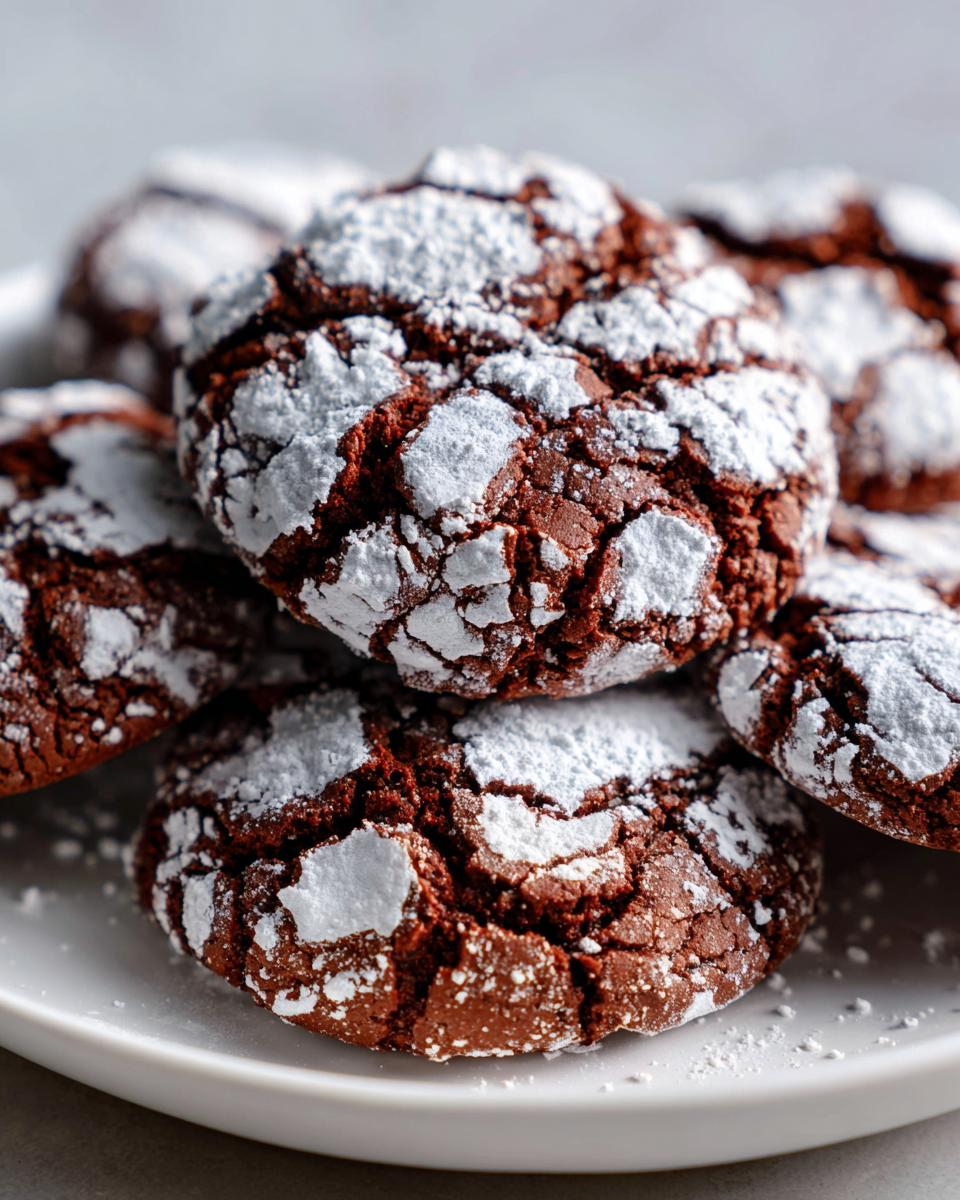 A stack of rich, dark chocolate crinkle cookies heavily dusted with white powdered sugar.