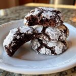 A stack of three fudgy chocolate crinkle cookies dusted heavily with powdered sugar on a white plate.