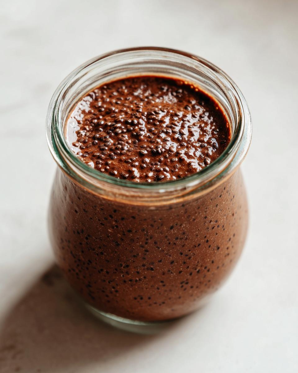 Thick, rich chocolate overnight oats mixture with visible chia seeds, served in a small glass jar.