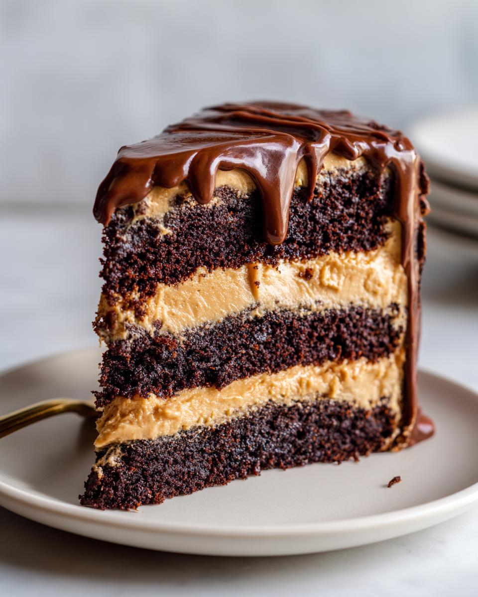 A tall, decadent slice of chocolate peanut butter cake featuring three layers of dark cake and peanut butter frosting, topped with chocolate ganache.