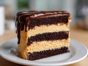 A decadent slice of chocolate peanut butter cake featuring three dark chocolate layers and two peanut butter frosting layers, topped with chocolate ganache.