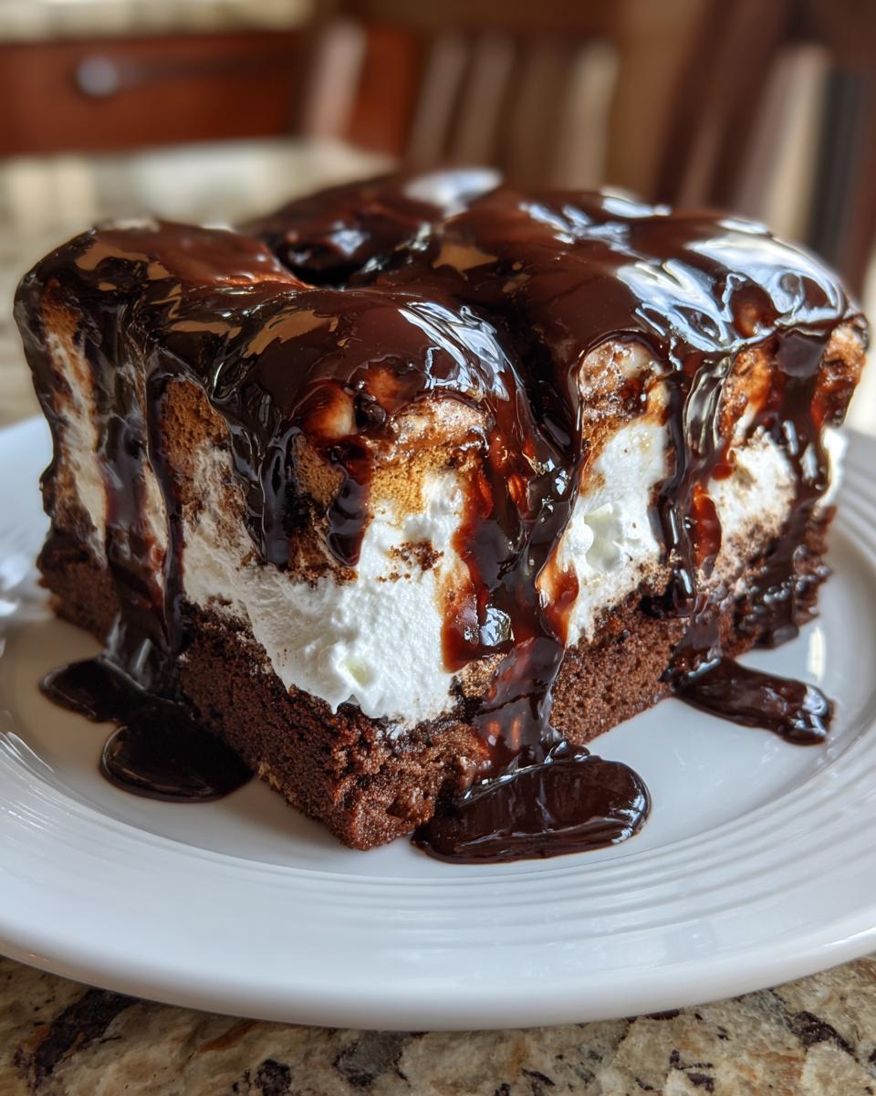 A decadent slice of chocolate poke cake topped with white filling and rich, dripping chocolate fudge sauce.