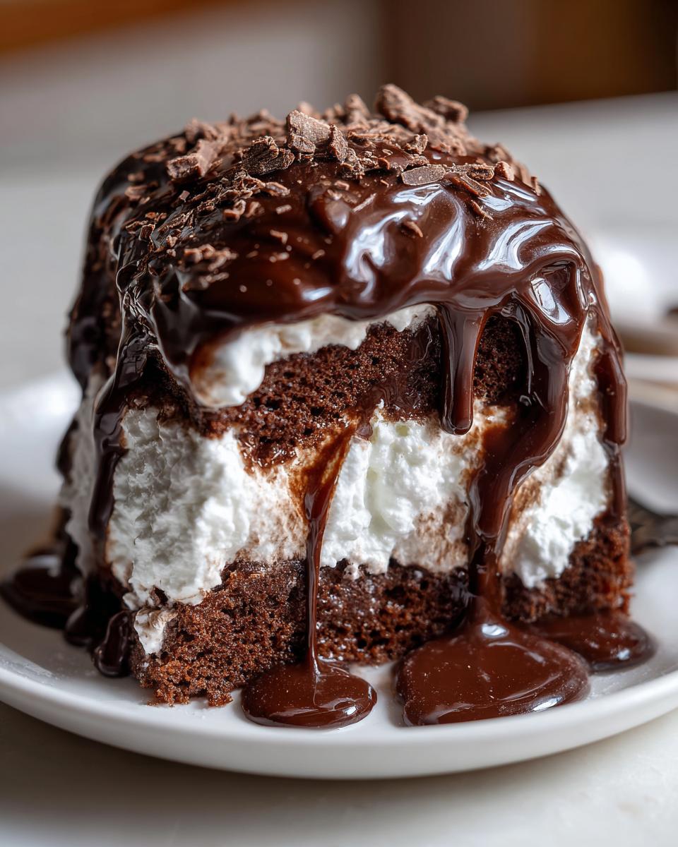 A rich slice of chocolate poke cake layered with white filling, generously topped with glossy chocolate fudge sauce and shavings.