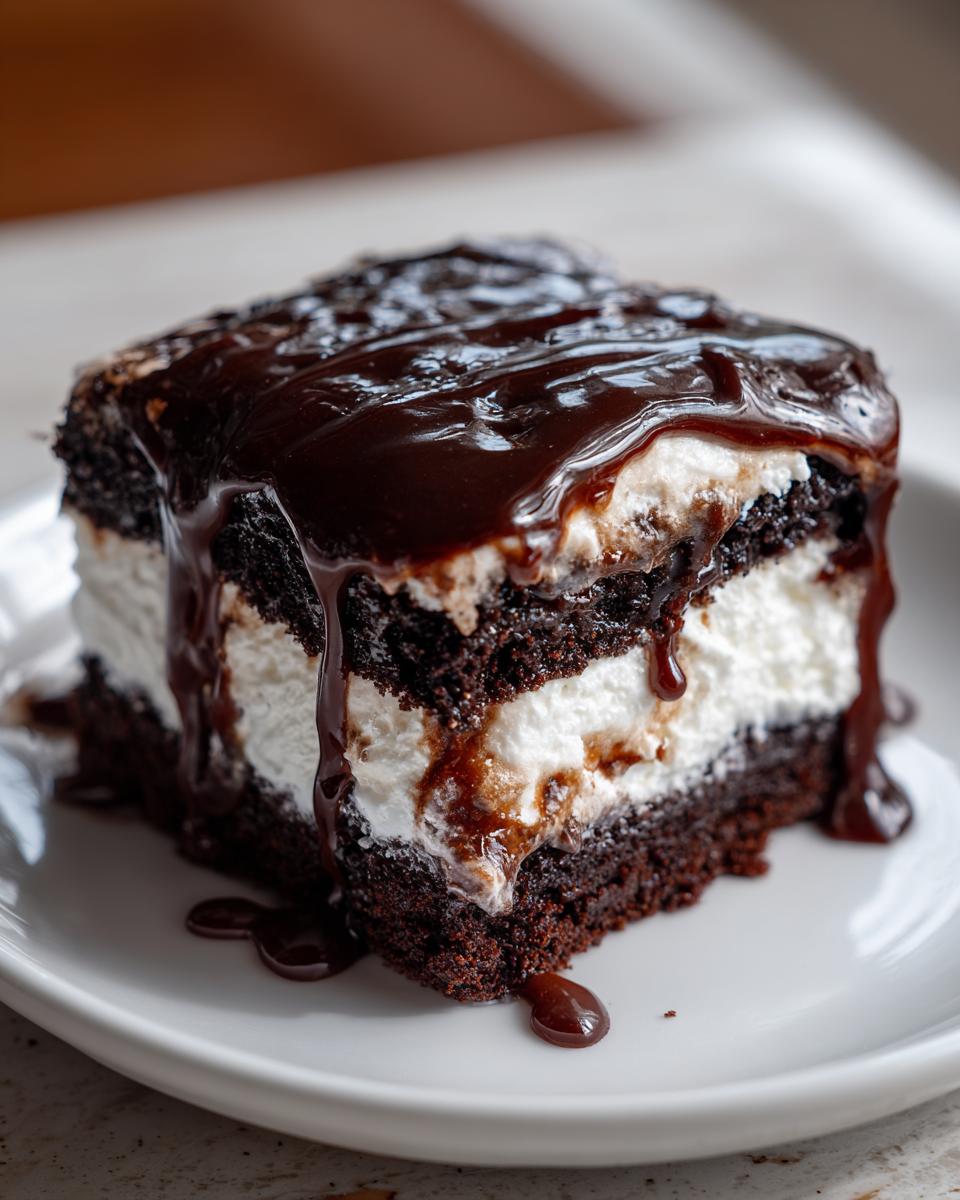 Close-up of a moist slice of chocolate poke cake layered with white filling and drizzled heavily with dark chocolate fudge.
