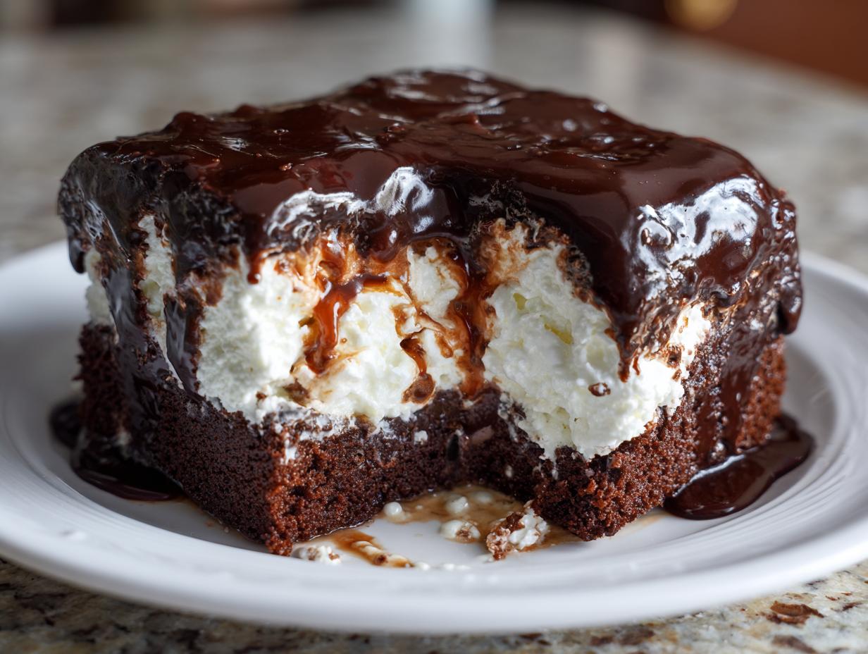 A close-up of a rich, dark chocolate poke cake slice topped with white filling and glossy chocolate fudge glaze.