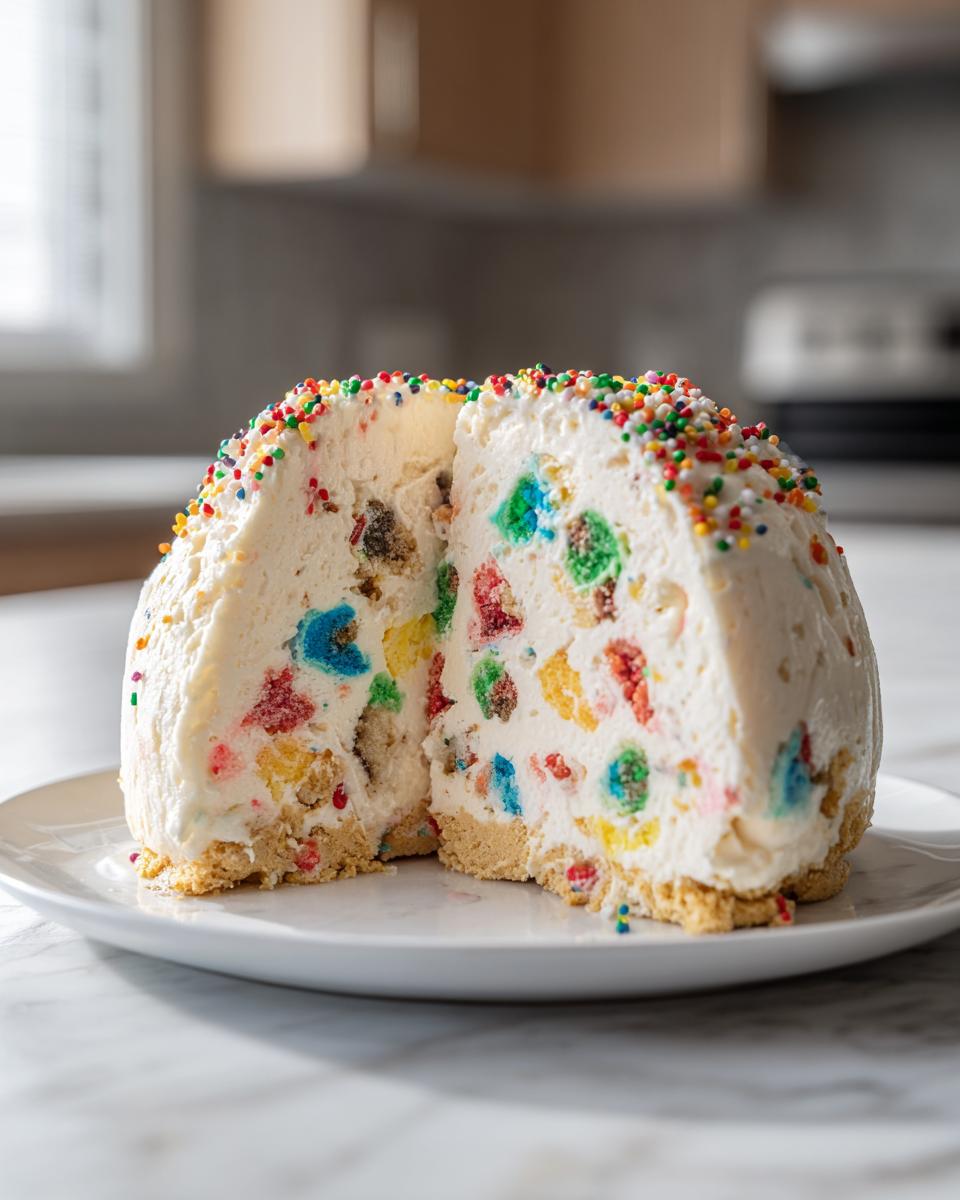 A cross-section view of a dome-shaped christmas tree cheesecake filled with colorful cereal pieces and topped with rainbow sprinkles.