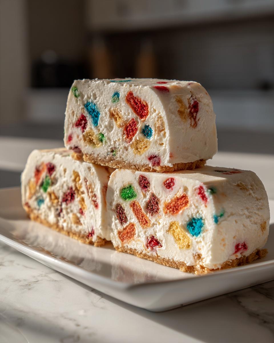 Three slices of no-bake christmas tree cheesecake with colorful cereal pieces stacked on a white platter.