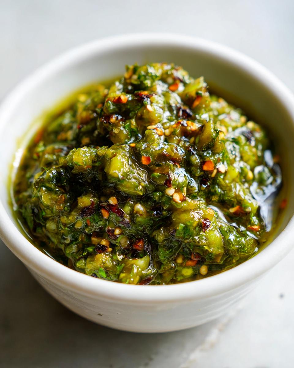 A close-up of chunky, vibrant green tomato salsa, flecked with red pepper flakes, served in a small white bowl.