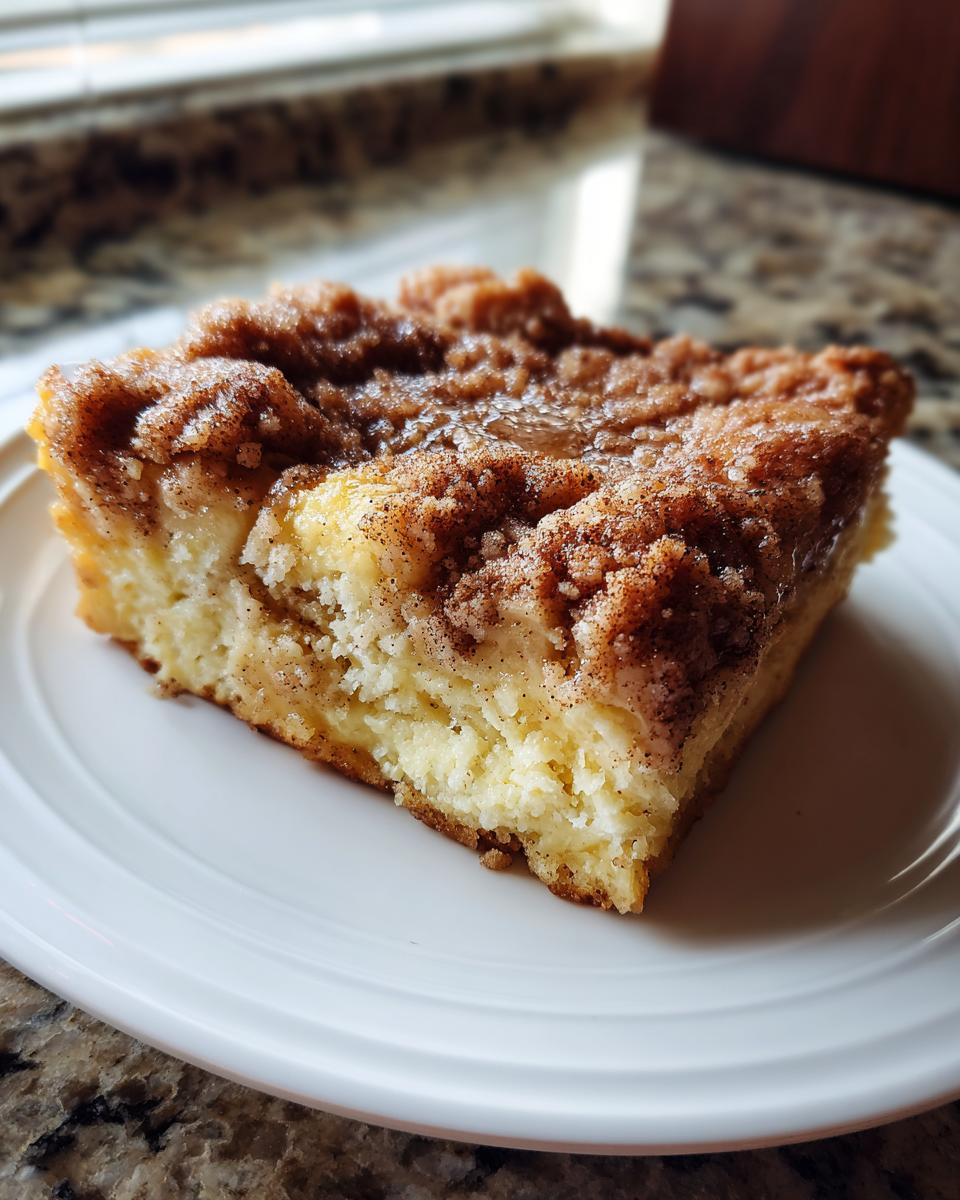 Close-up of a square slice of baked french toast with a thick, sugary cinnamon crumb topping.