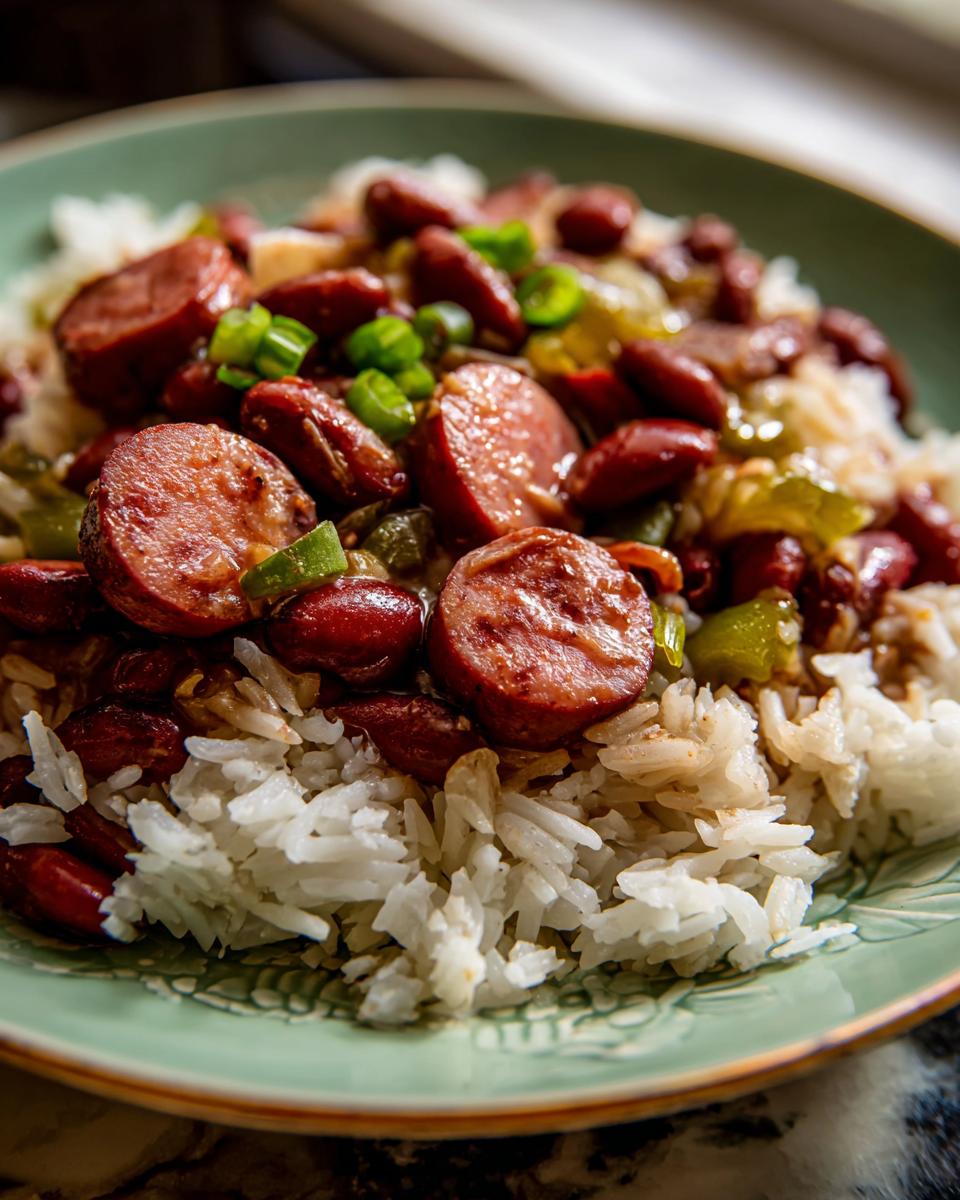 Close-up of flavorful red beans and rice topped with sliced smoked sausage and green onions.