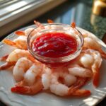 A plate of chilled, cooked shrimp arranged around a small glass bowl of bright red shrimp cocktail sauce.
