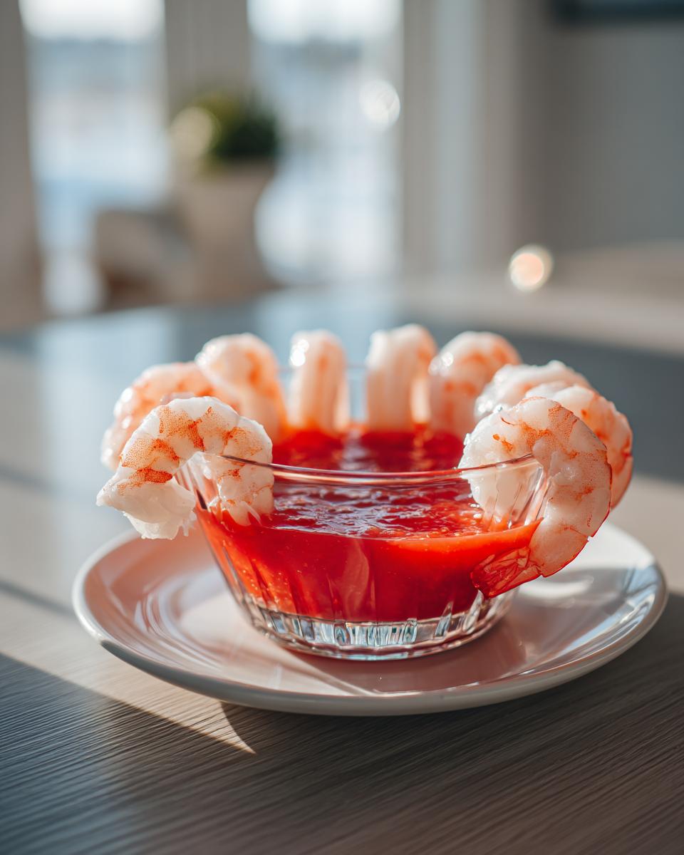 Cooked shrimp draped over the edge of a glass bowl filled with bright red sauce for a classic shrimp cocktail.