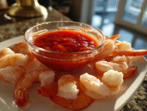 Plump, chilled shrimp arranged around a glass bowl of zesty red sauce for a classic shrimp cocktail presentation.
