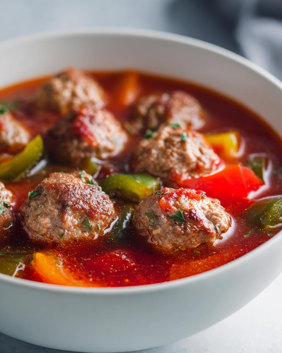 Close-up of a white bowl filled with rich, red broth albondigas soup, featuring several meatballs and chunks of bell peppers.