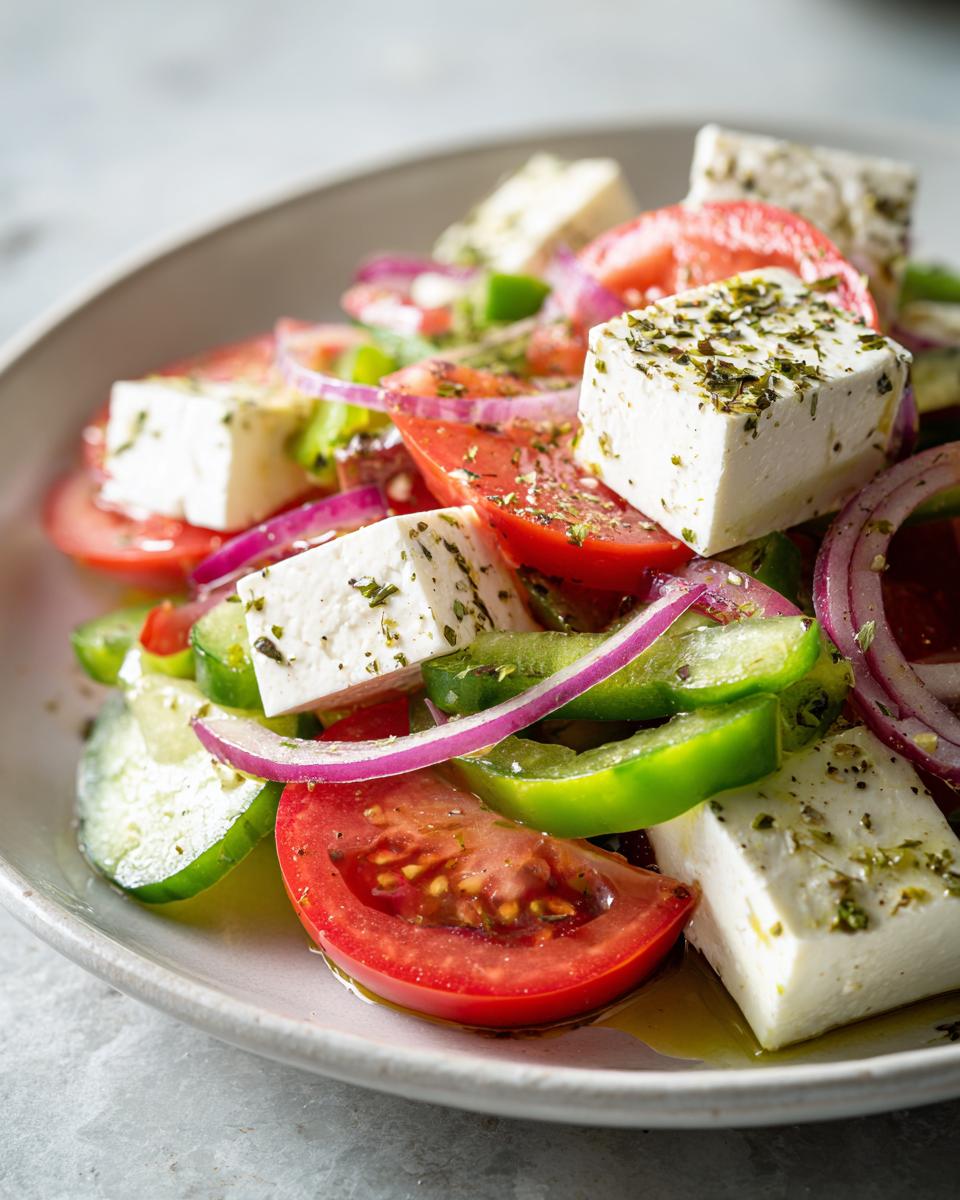 Close-up of a vibrant greek salad featuring large cubes of feta cheese topped with herbs, tomatoes, cucumbers, and red onion.