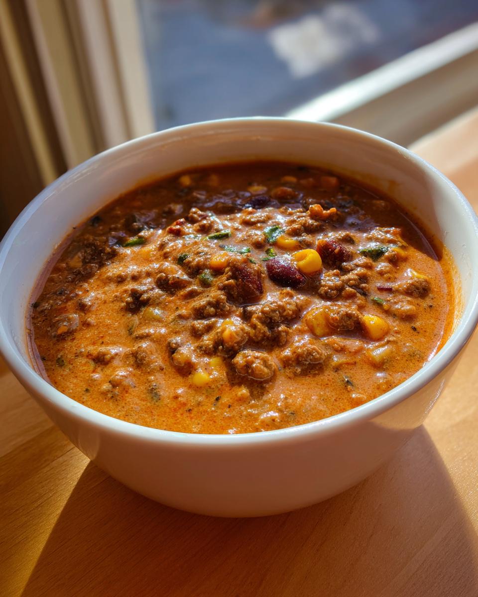 Close-up of a white bowl filled with rich, creamy cowboy soup featuring ground meat, corn, and beans.