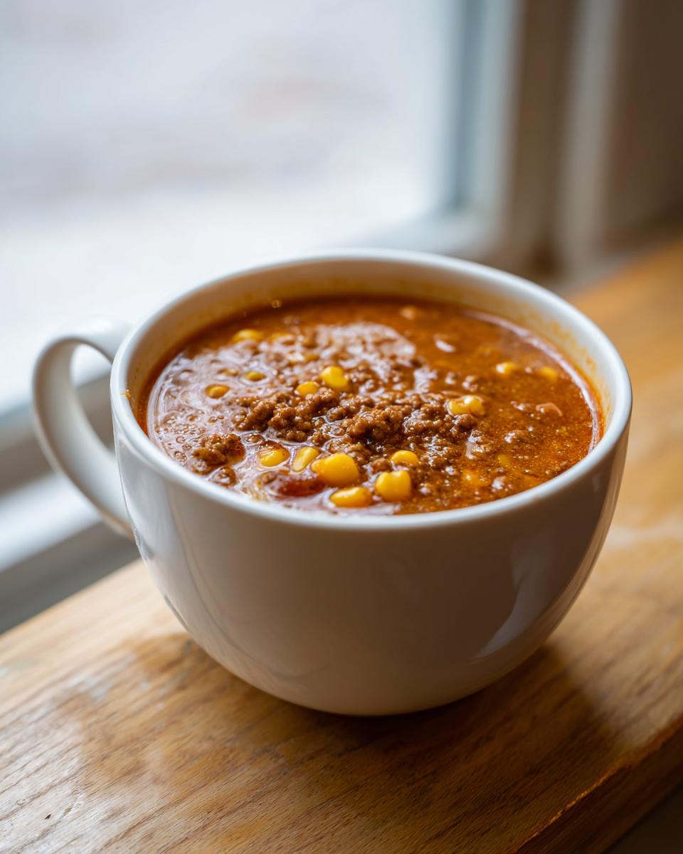 A close-up of a white mug filled with rich, hearty cowboy soup featuring ground meat and corn kernels.